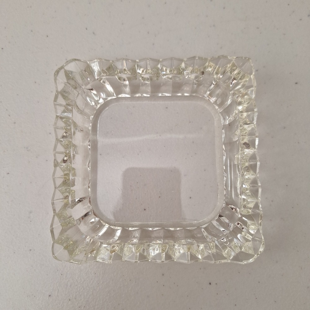 Vintage MCM Translucent Heavy Cut Crystal Ashtray Chevron Edged Lgt Yellow 4.5"